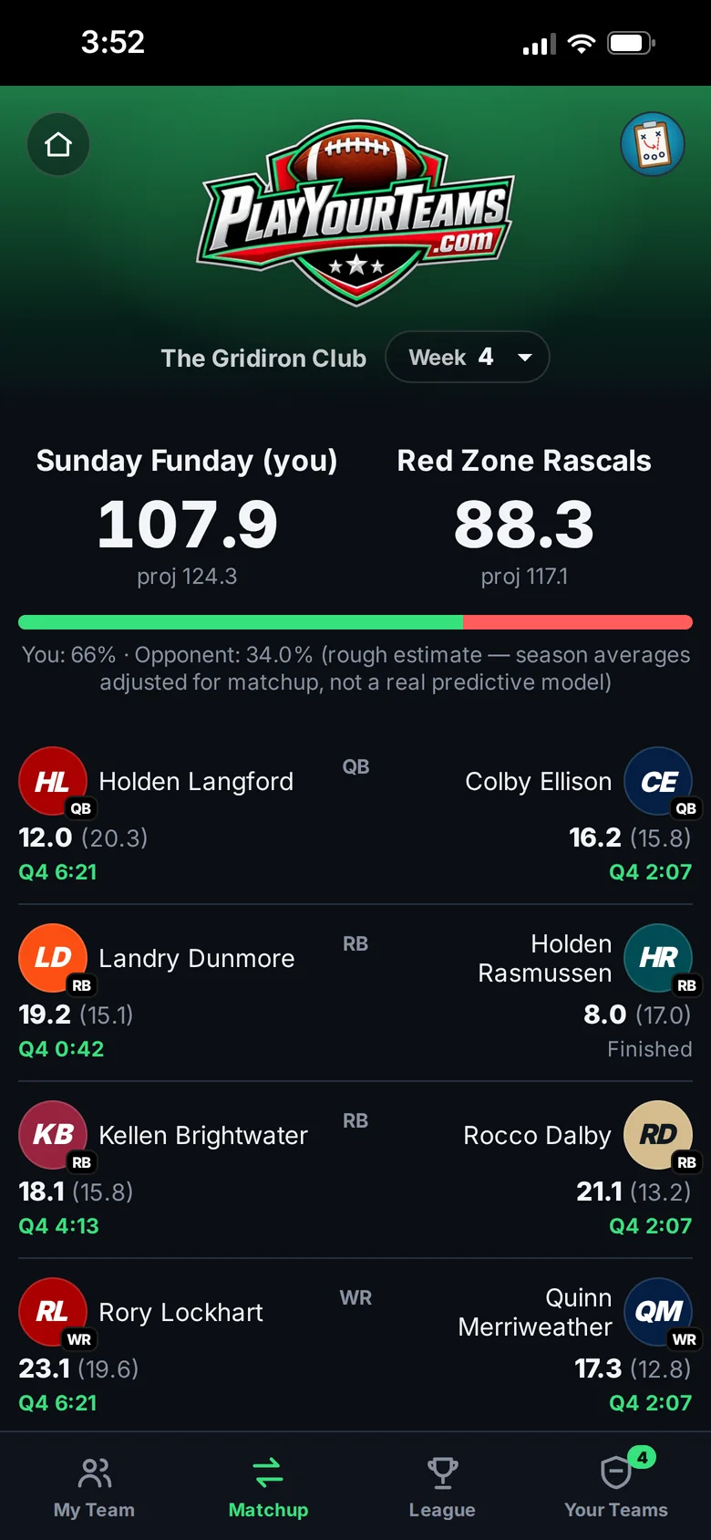 Season-long head-to-head matchup on a live Sunday, with both teams' scores and win chance