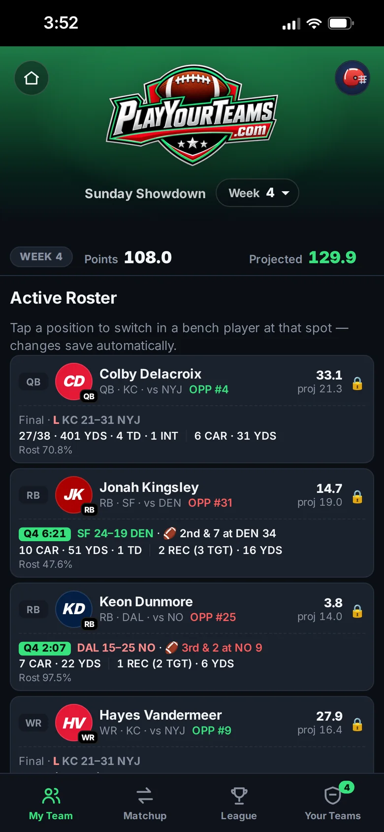 My Team page: each starter with live game score, down and distance, box-score stats, points and projection